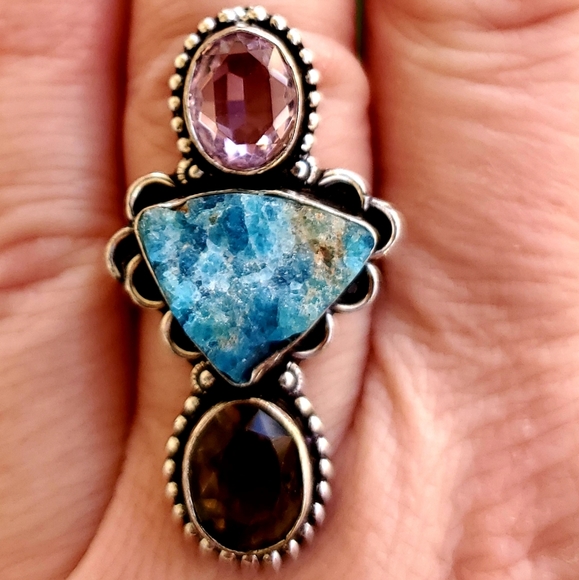 New Natural Blue Kyanite, Smoky Topaz, Pink Topaz 925 Silver Ring. - Picture 7 of 8